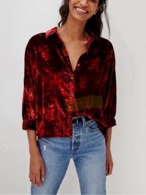 Anthropologie Pilcro Red Velvet Orsay Shirt NWT Dolman Sleeves Button Down L